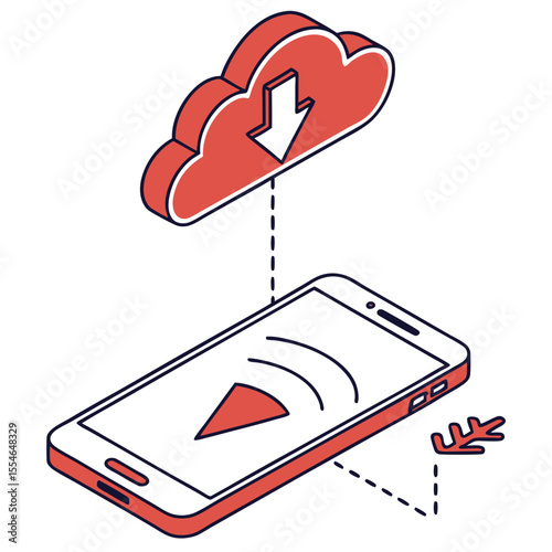 Vector illustration of a smartphone receiving cloud data on a white background, for online storage access.