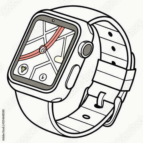 Vector illustration of a smartwatch with a GPS map, isolated on a white background, for navigation and location.