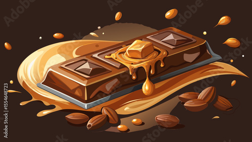 A chocolate bar lies open with melted caramel slowly dripping from its ridges. Crushed almonds and cocoa nibs are sprinkled around, and a soft spotlight highlights the glossy textures. The background 