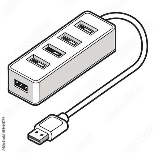 Vector illustration of a USB hub device isolated on a white background, for expanding connectivity.