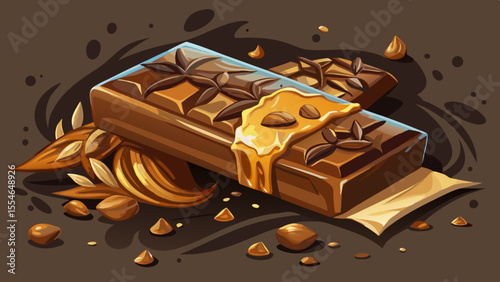 A chocolate bar lies open with melted caramel slowly dripping from its ridges. Crushed almonds and cocoa nibs are sprinkled around, and a soft spotlight highlights the glossy textures. The background 
