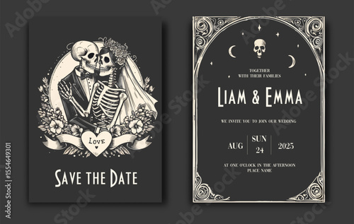 Wedding invitation with skeleton lovers. Save the date. Wedding illustration. Vector Illustration with Skulls of Bride and Groom.