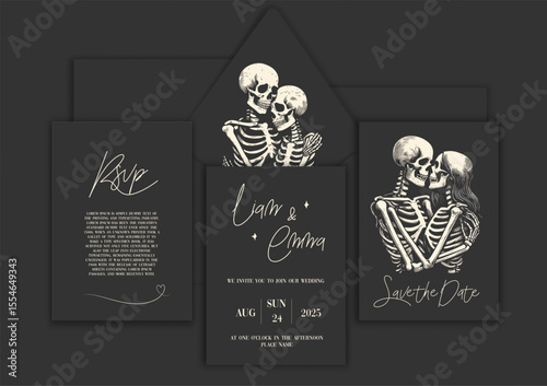 Wedding invitation with skeleton lovers. Save the date. Wedding illustration. Vector Illustration with Skulls of Bride and Groom.