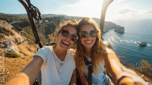 Two cheerful young women taking a selfie while enjoying a scenic adventure ride on a coastal cliffside, with ocean views and sunlight in the background.