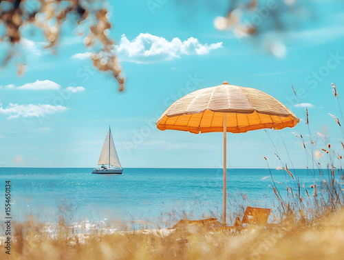 A scenic beach view featuring a yellow umbrella sailboat and clear blue sky on a sunny summer day