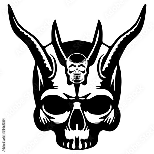 Horned Tribal Skull Stencil - Symmetrical Black and White Vector of Demon Skull with Spiral Horns for Tattoos, Logos, and Dark Design Themes