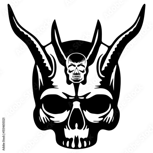 Horned Tribal Skull Stencil - Symmetrical Black and White Vector of Demon Skull with Spiral Horns for Tattoos, Logos, and Dark Design Themes