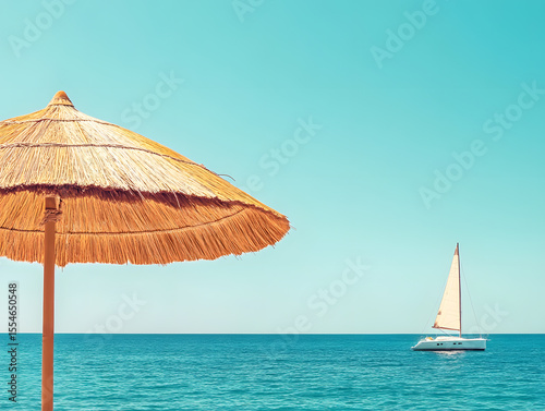 Thatched umbrella on a beach with a sailboat sailing in the background on a bright sunny day horizon