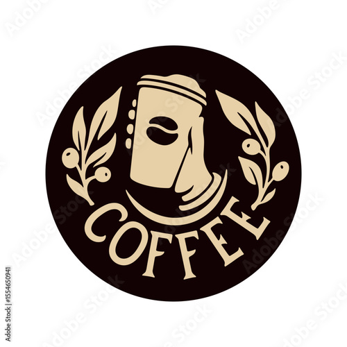 Coffee take away emblem. Hand hand holding a paper cup. Coffee shop logo label badge template. Vector vintage illustration.