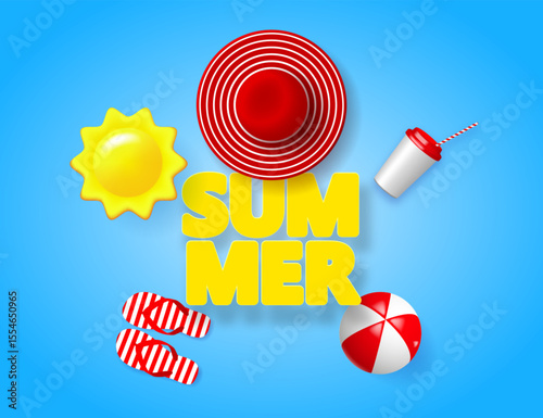 Summer vacation poster with 3d objects