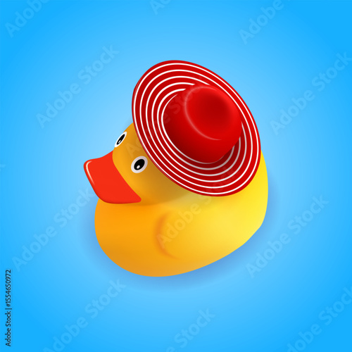 Yellow rubber duck in red striped hat
