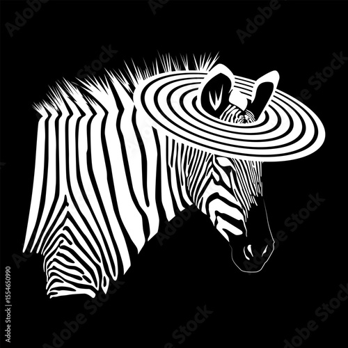 Negative image of a zebra wearing a striped hat