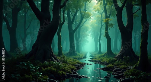 A serene stream flows through a misty, enchanted forest, creating a tranquil and ethereal ambiance.
