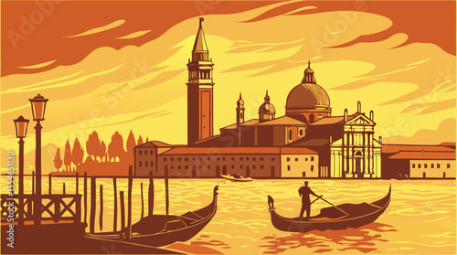 Venice Grand Canal Sunset with Gondolas – Digital Painting Landscape