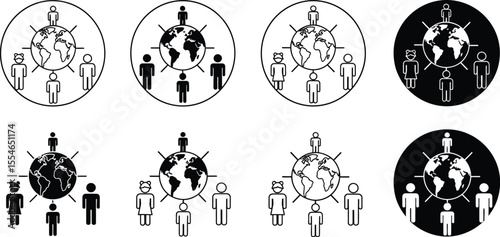 Icons showing people around the world in black and white illustrations