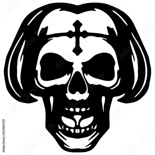 Skull with Crossed Horns Stencil - Bold Black and White Tribal Skull Vector for Tattoos, Gothic Designs, Streetwear, and Dark-Themed Artworks