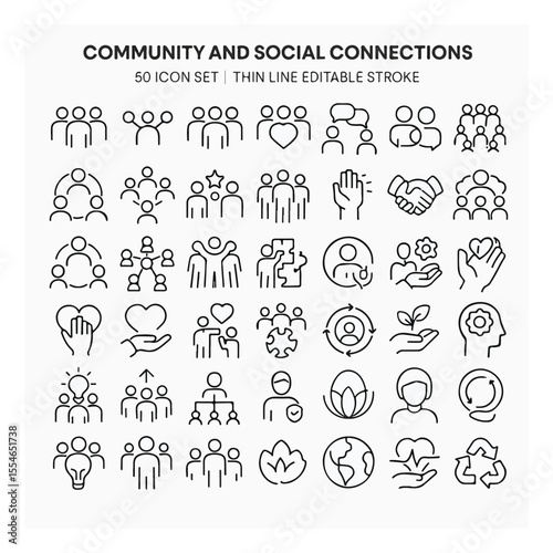 Community and social connections icon set. Thin line editable stroke icons for teamwork, communication, diversity, inclusion, development, volunteering, wellbeing and sustainable.