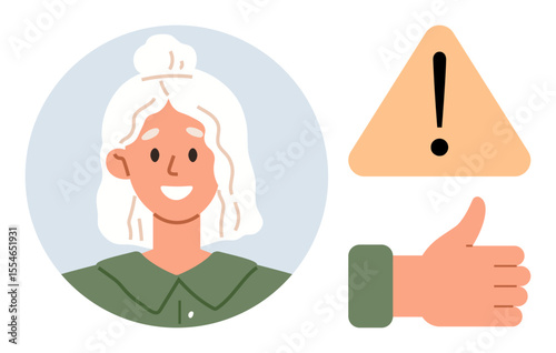 Smiling woman in a circle, warning triangle, thumbs-up hand symbolizing approval, encouragement, safety, support, caution, decision-making communication. Ideal for feedback teamwork encouragement