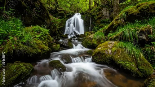 Forest waterfall flowing over moss-covered rocks and lush greenery