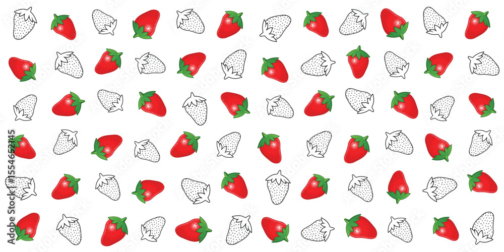 Naklejka premium Strawberry pattern with red and outlined berries on a white seamless background.