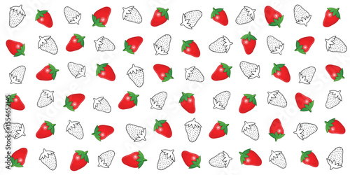 Strawberry pattern with red and outlined berries on a white seamless background.