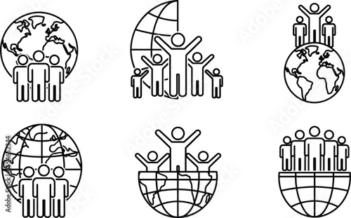 Collection of line art icons depicting people and the earth globe