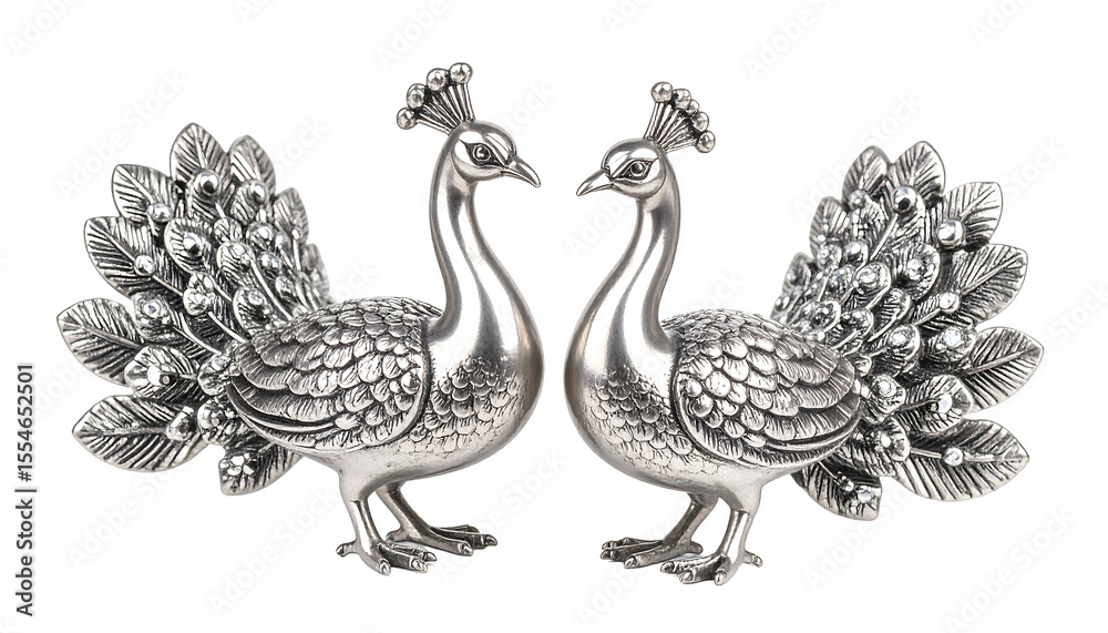 Naklejka premium Exquisite silver peacock sculptures showcasing intricate details and elegant designs, perfect for luxury home decor, showcasing artistry and craftsmanship in metallic finishes