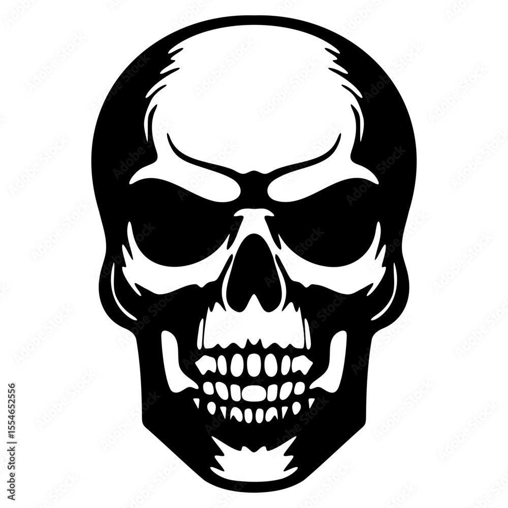 Fototapeta premium Minimalist Devil Skull Stencil - Black and White Vector with Curved Horns and Hollow Eyes for Tattoos, Posters, and Gothic-Themed Graphic Designs