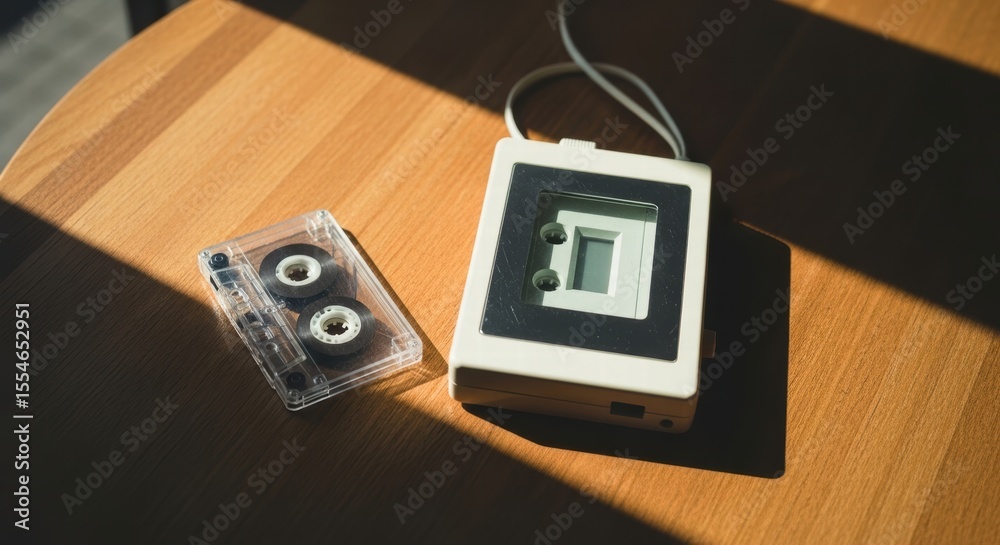 Fototapeta premium Cassette Tape and Player on Cafe Table with Soft Morning Light