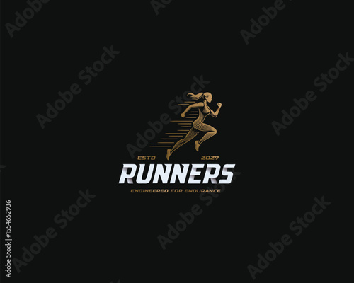 Fast sporty woman runner logo template for running race competition