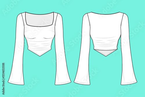 Women's Summer wide neck with wide sleeve crop Tops flat sketch CAD mockup Front and Back Views.