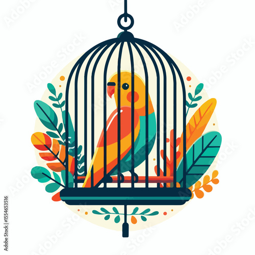 image of a red bird sitting in a hanging cage with a simple and minimalist flat design using a white background