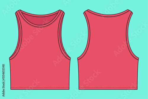 Red colour clothing apparel Crop Tank Top technical drawing flat sketch CAD mockup.