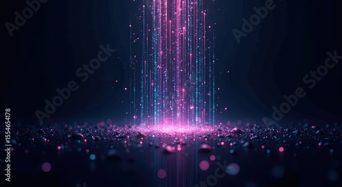 Pink and blue light streams down, illuminating a textured surface in a futuristic glow.