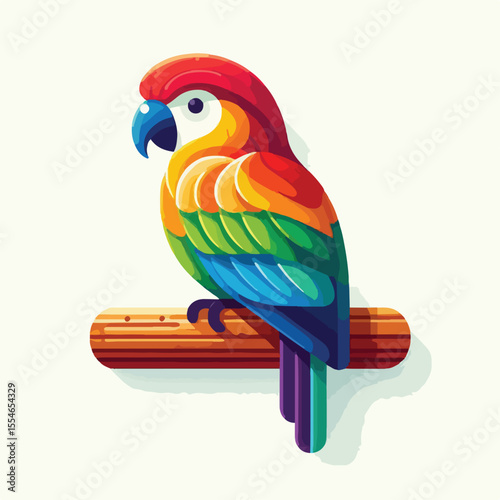colorful parrot image perched on a wooden branch with a simple and minimalist flat design using a white background