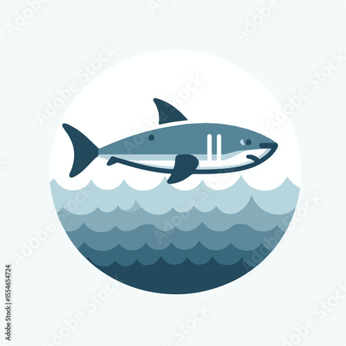 image of a shark swimming in the sea with a simple and minimalist flat design using a white background