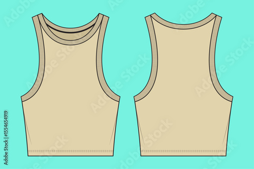 Women's Crop Tank Top technical drawing fashion flat sketch template outline CAD mockup front and back views.