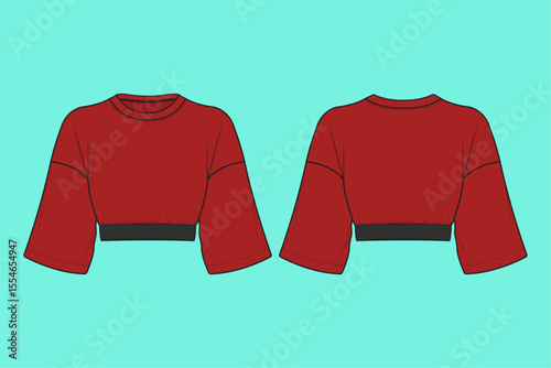 Women's 90s fashion block crew neck with wide sleeve Crop Red colour T-shirt Fashion flat sketch CAD mockup Front and Back Views.