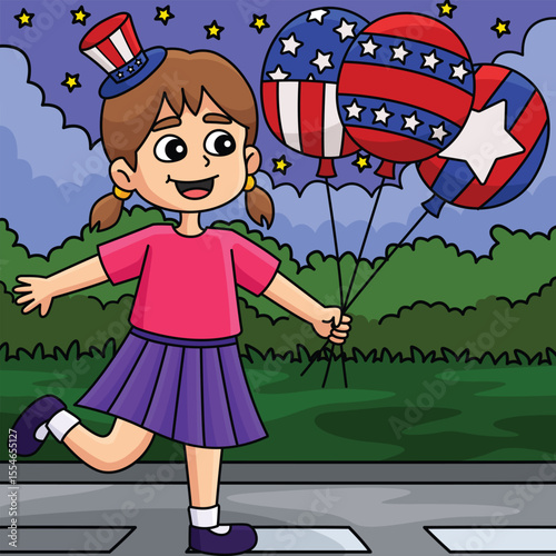 4th of July Girl Holding Balloons Colored Cartoon 