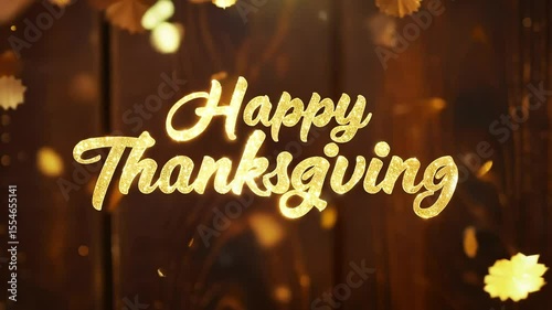 Glittery Happy Thanksgiving over wood with golden leaves falling