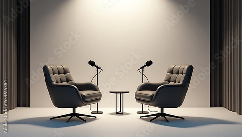 Podcast studio setup with chairs and microphones for interview show