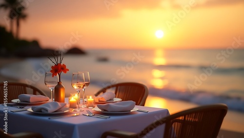 Romantic beach dinner at sunset with wine glasses and ocean view table