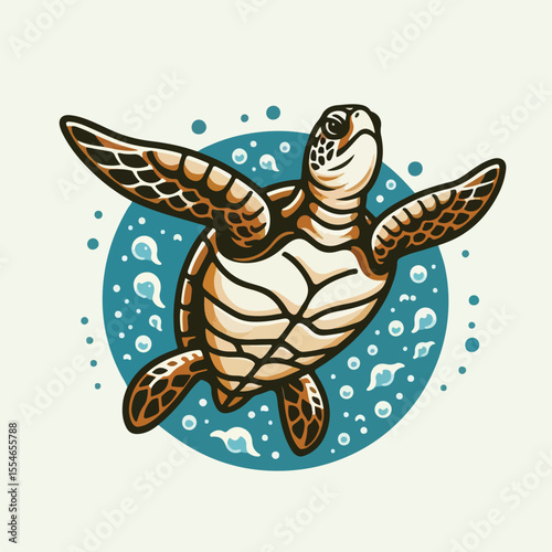 image of a sea turtle with wide open flippers swimming with a simple and minimalist flat design using a white background