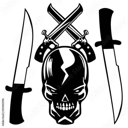 Skull with two crossed knives and a sword, designed in a bold vector style, emphasizing a fierce and edgy aesthetic.