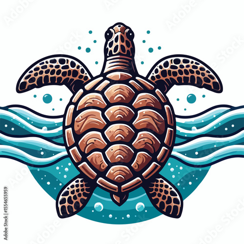 image of a sea turtle with wide open flippers swimming with a simple and minimalist flat design using a white background