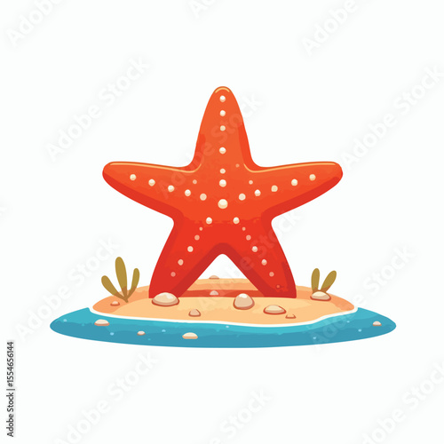 Image of an orange starfish on the seabed with a simple and minimalist flat design using a white background