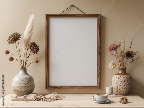 Blank frame mockup with flowers and coffee for minimalist home decor
