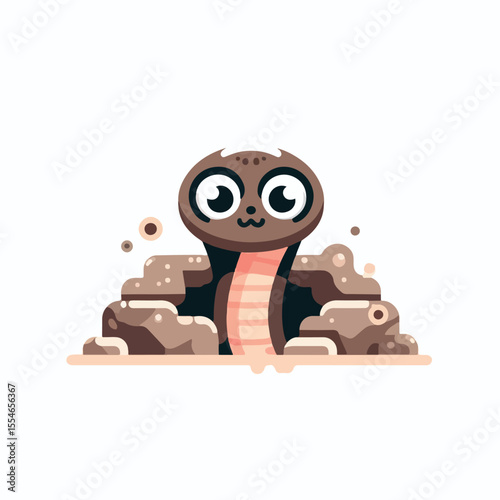 image of a sea eel with big eyes coming out of a gap in a rock with a simple and minimalist flat design using a white background