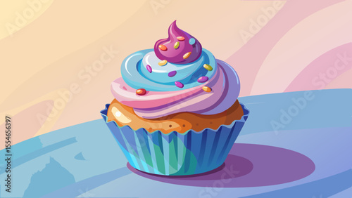A beautifully frosted cupcake sits in the center of a pastel background. The icing is swirled perfectly, topped with colorful sprinkles and a tiny edible flower. A soft white napkin lies beneath it, w