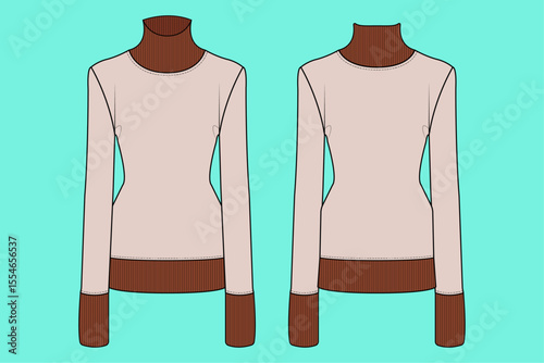 Ladies Long sleeve High neck sweater apparel flat sketch fashion illustration template CAD mockup.